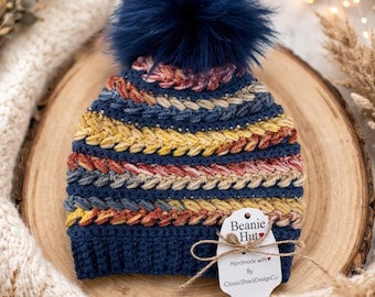 Handmade Crochet Beanie, Solid Blue and Colorful Stripes, Winter Hat, Crochet Hat, Adult & Kids Winter Beanie