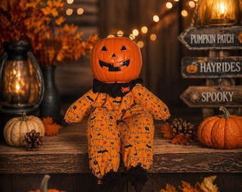 Halloween Pumpkin Man Doll, Shelf Sitter, Candy Bucket Decoration, Whimsical, Vintage Inspired, Farmhouse