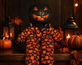 Halloween Pumpkin Man Doll, Shelf Sitter, Candy Bucket Decoration, Whimsical, Vintage Inspired, Farmhouse
