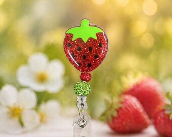 Strawberry Badge Reel, ID Badge Holder,  Glitter Resin Swivel Clip - Handmade