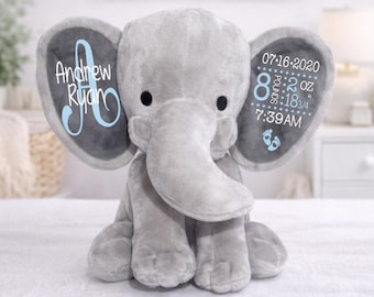 Personalized Birth Stat, Personalized Plush Elephant, Birth Announcement Keepsake