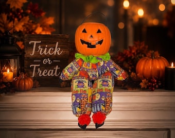 Halloween Pumpkin Man Doll, Shelf Sitter, Candy Bucket Decoration, Whimsical, Vintage Inspired, Farmhouse
