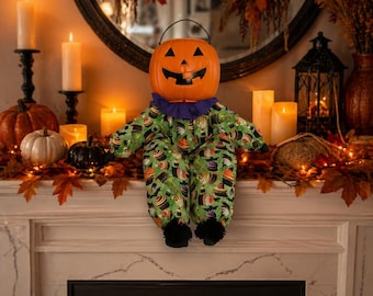 Halloween Pumpkin Man Doll, Shelf Sitter, Candy Bucket Decoration, Whimsical, Vintage Inspired, Farmhouse