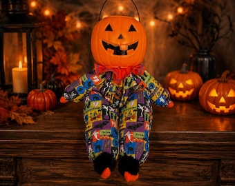 Halloween Pumpkin Man Doll, Shelf Sitter, Candy Bucket Decoration, Whimsical, Vintage Inspired, Farmhouse