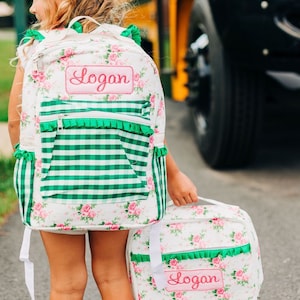 Girls Lunch Bag, Matching Backpack, Floral Backpack, Personalized, Monogrammed, Kindergarten, Preschool, Pre-K, Pink Rose, Green Gingham
