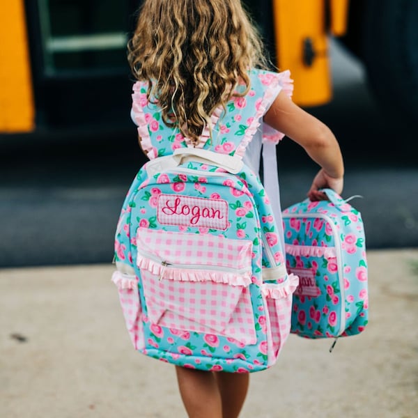 Sac à lunch pour enfants, Sac à lunch pour filles, Sac à dos assorti, Sac à dos floral, Personnalisé, Rose aquarelle, Maternelle, Préscolaire