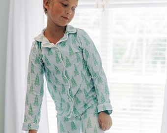 Blue Christmas Tree Pajamas, Button Down, Buttflap, Personalized Pj's, embroidered pajamas, jammies