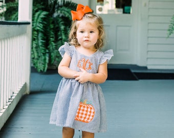 Toddler Thanksgiving Dress Baby Girl - Baby Pumpkin Dress - Applique Pumpkin with Monogram - Ruffle Sleeve Dress Baby Girl