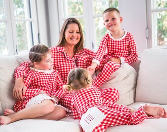 Personalized Pajamas, Family Matching Pajamas, Christmas PJs, Baby, Toddler, Kids, Family, Adult, Red Gingham Check, Embroidered, Name,