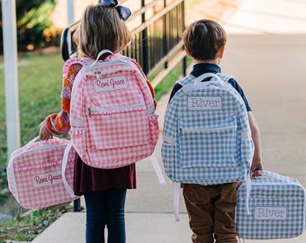 Kids Backpack, School Bag, Lunch Bag, Gingham Book Sack, Monogrammed, Personalized, Boys, Girls, Book Bag, Daycare, Ruffle Diaper Bag
