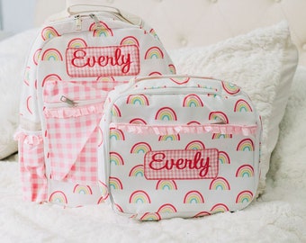 Kids Lunch Bag, Matching Backpack, Rainbow Backpack, Personalized, Monogrammed, Kindergarten, Preschool, Pre-K, Pink Gingham,