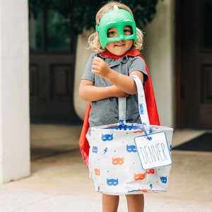 Boys Halloween Basket, Trick or Treat Bag, Personalized, Candy Bag, Candy Bucket, Basket Tag, Kids, Mask, Boys, Red, Blue, Superhero image 1