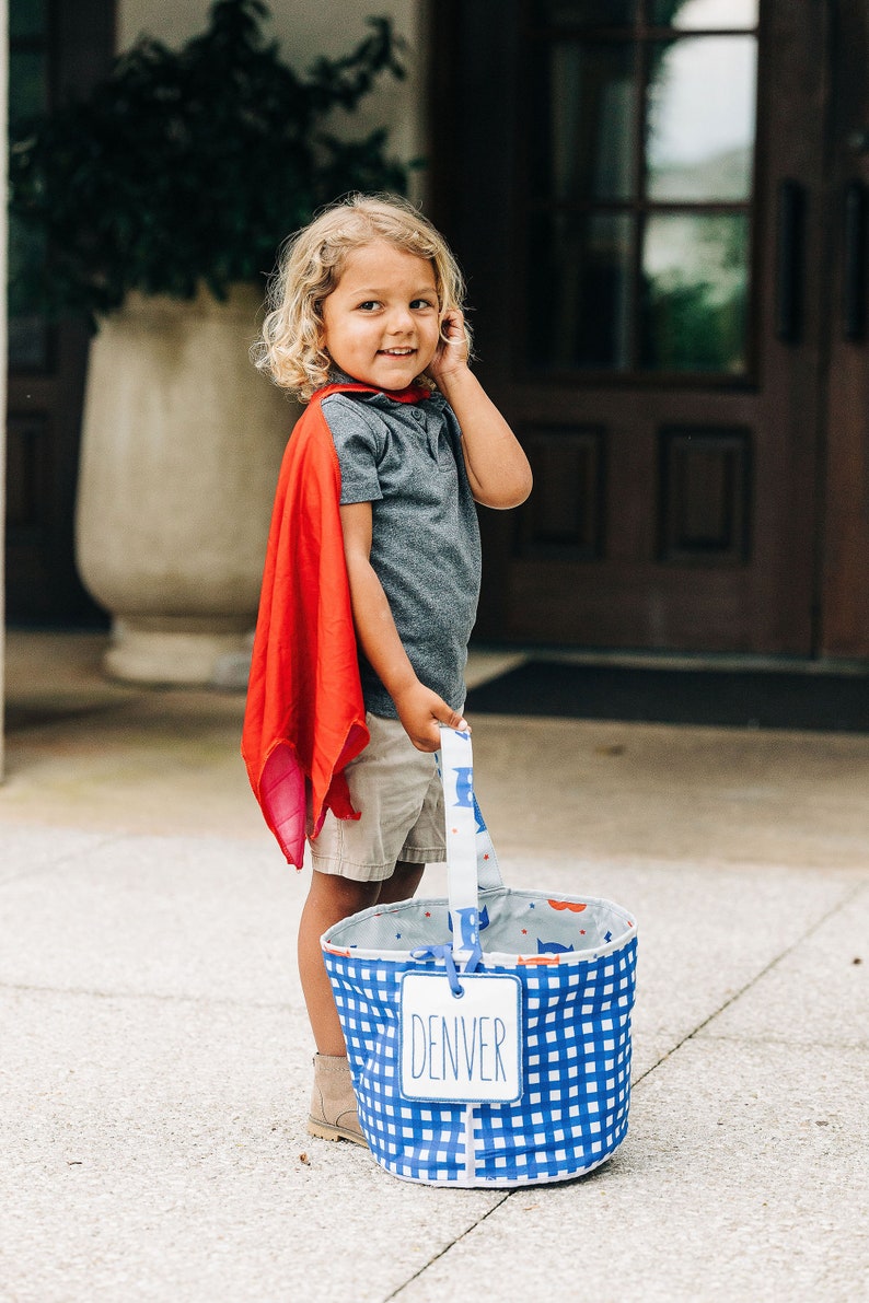 Boys Halloween Basket, Trick or Treat Bag, Personalized, Candy Bag, Candy Bucket, Basket Tag, Kids, Mask, Boys, Red, Blue, Superhero image 5