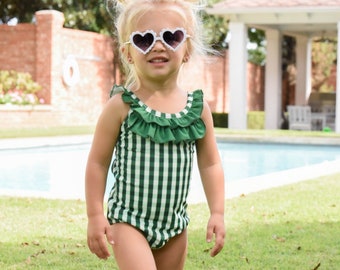 Green Gingham Bow Swimsuit, Girls 1 Piece Swimwear
