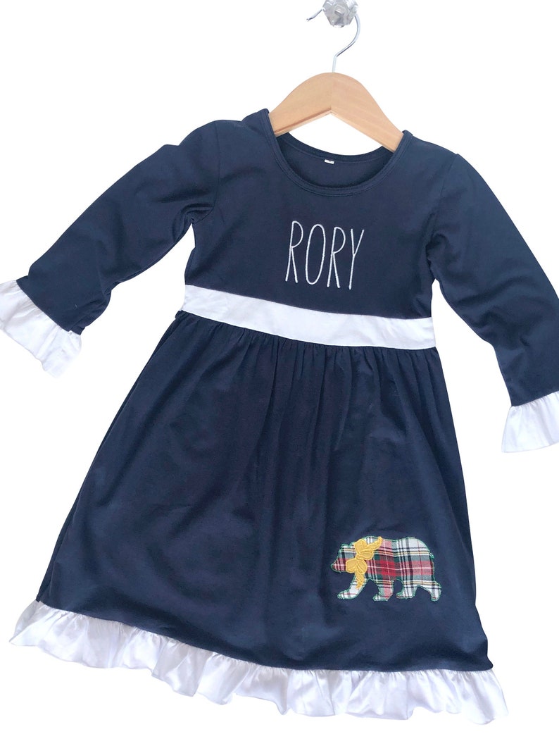 Long Sleeve Christmas Outfit Dress Winter Bear Plaid Applique Embroidered Trio Navy Blue Ruffle Dress Toddler Girl Christmas Dress