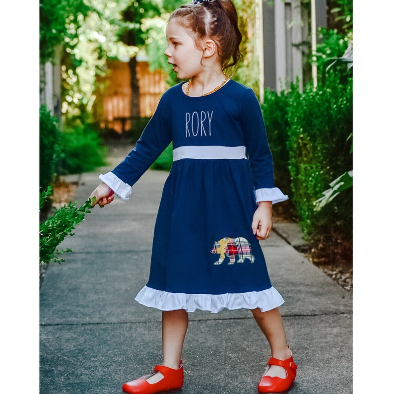 Long Sleeve Christmas Outfit Dress Winter Bear Plaid Applique Embroidered Trio Navy Blue Ruffle Dress Toddler Girl Christmas Dress
