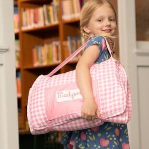 Alfombra de siesta para niños pequeños, Napmat para niñas, Alfombra para dormir para niños para la escuela, guardería, preescolar, preescolar, personalizada, bordada, Gingham rosa