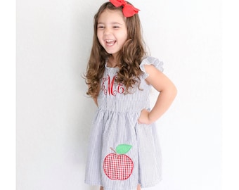 Back to School Outfit, Girls Back to School Dress, Monogrammed Back to School Dress, Navy Seersucker Flutter Sleeve Dress, Toddler Girls