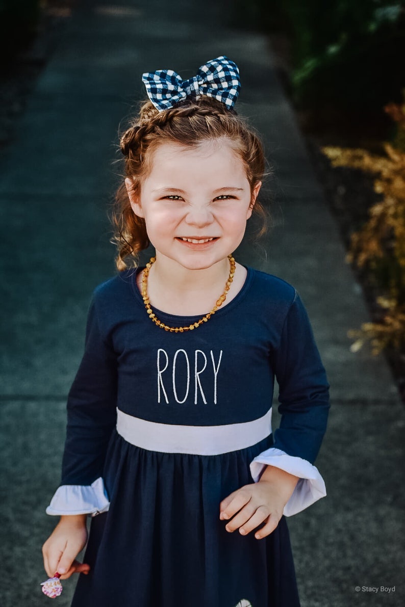 Long Sleeve Christmas Outfit Dress Winter Bear Plaid Applique Embroidered Trio Navy Blue Ruffle Dress Toddler Girl Christmas Dress