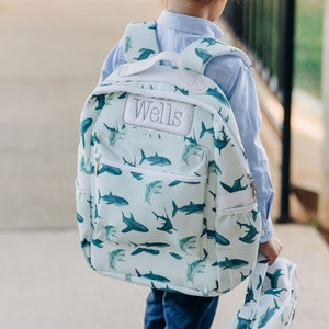 Sac à dos pour garçon, cartable, sac à lunch, sac à dos assorti, sac à lunch requin, requin, monogramme, personnalisé, enfant, sac à dos requins