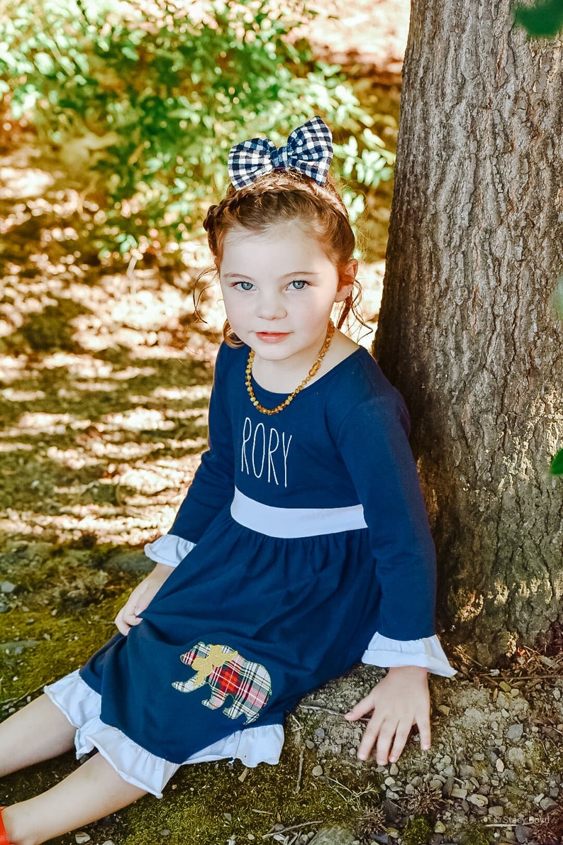 Long Sleeve Christmas Outfit Dress Winter Bear Plaid Applique Embroidered Trio Navy Blue Ruffle Dress Toddler Girl Christmas Dress