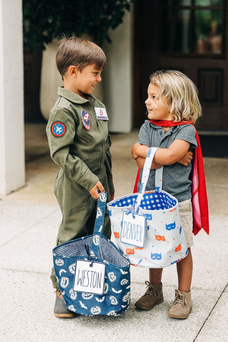 Boys Halloween Basket, Trick or Treat Bag, Personalized, Candy Bag, Candy Bucket, Basket Tag, Kids, Mask, Boys, Red, Blue, Superhero image 6