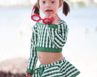 Green Gingham Skirt Bikini, Girls 2 Piece Swimsuit, Girls Swimwear