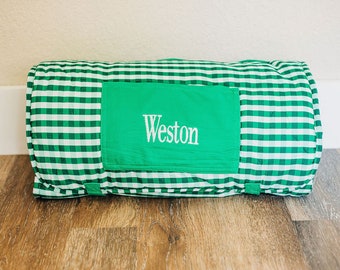 Toddler Nap Mat, Boys Napmat, Kids Sleep Mat for School, Daycare, Pre-k, Preschool, Personalized, Embroidered, Green Gingham