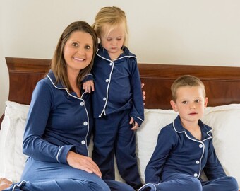 Navy Button Down Pajamas, Christmas PJs, fall jammies