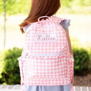 Kinderrugzak, schooltas, lunchtas, boekentas roze gingang, monogram, gepersonaliseerd, meisjes, boekentas, kinderdagverblijf, luiertas met ruches