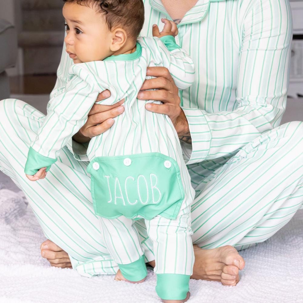 Family Matching Christmas Pajamas, Personalized Holiday Jammies, Lounge, Boy, Buttflap, Embroidered, Green Stripe