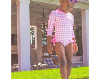 Pink Gingham Ruffle Bottom Swimsuit, Girls 1 Piece Swimwear, Girls Bathing Suit