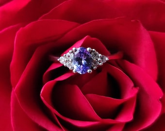 Iolite & CZ Sterling Silver Stackable Ring 925 7x5mm 1ct Cubic Zirconia L10SA