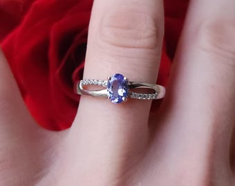 Iolite & CZ Sterling Silver Stackable Ring 925 6x4mm .75cttwct Cubic Zirconia L10SA