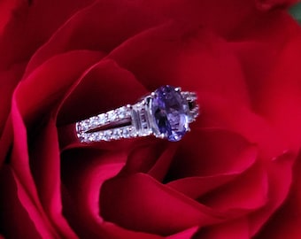 Iolite & CZ Sterling Silver Stackable Ring 925 7x5mm 1ct Cubic Zirconia L10SA