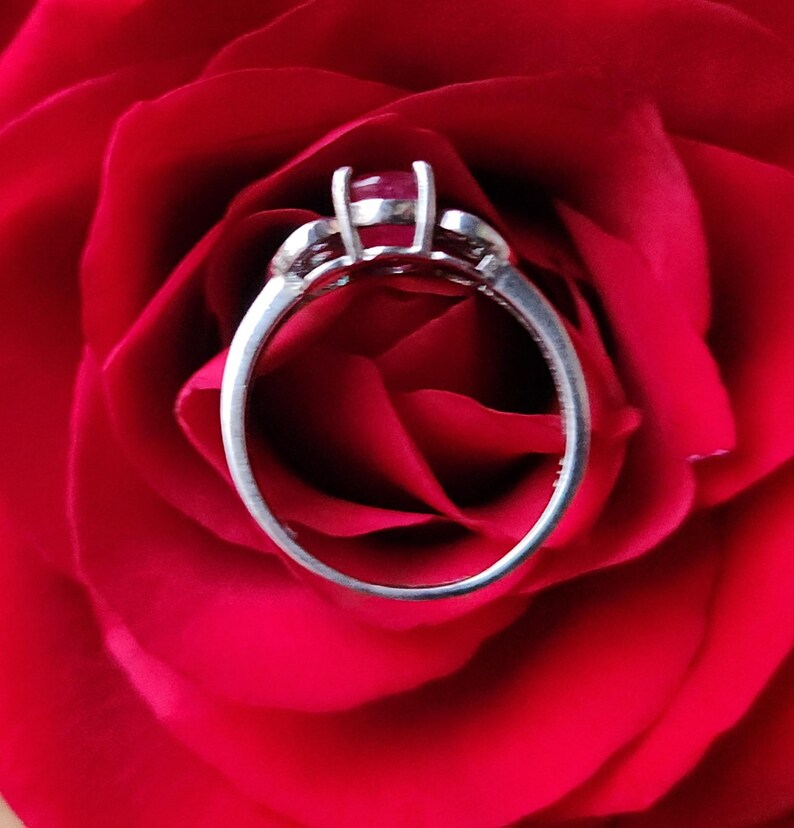 May include: A silver ring with a ruby gemstone, set against a vibrant red rose. The ring features a classic design with a central stone and delicate side accents. The ruby is a deep red color.