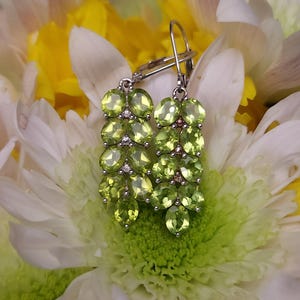 May include: Silver dangle earrings featuring multiple oval-cut, light green peridot gemstones. The earrings are accented with small, clear gemstones and are set against a backdrop of white and yellow flowers.