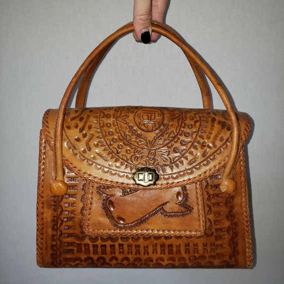 vintage purse leather purse tooled leather leather