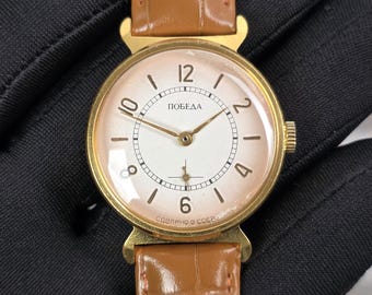 Pobeda 15 Jewels Gold Plated USSR ZIM Wristwatch caliber 2602 Soviet Union watch ЗИМ 1980s