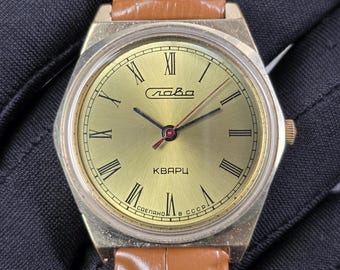 Slava Quartz SU gold plated wristwatch caliber 2356 SU Soviet Union watch Слава USSR 1980s