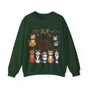 Festive Green Cat Crewneck Sweatshirt &quot;Happy Holdidays&quot;, Holiday Gift, Christmas Apparel, Cozy Sweatshirt, Animal Lover Gift, Warm Sweater