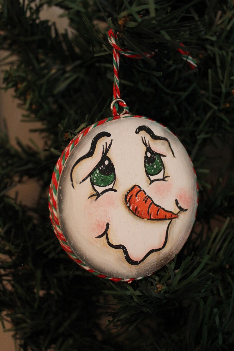 Hand painted wood disc Christmas ornament-Winking Snowman | Etsy