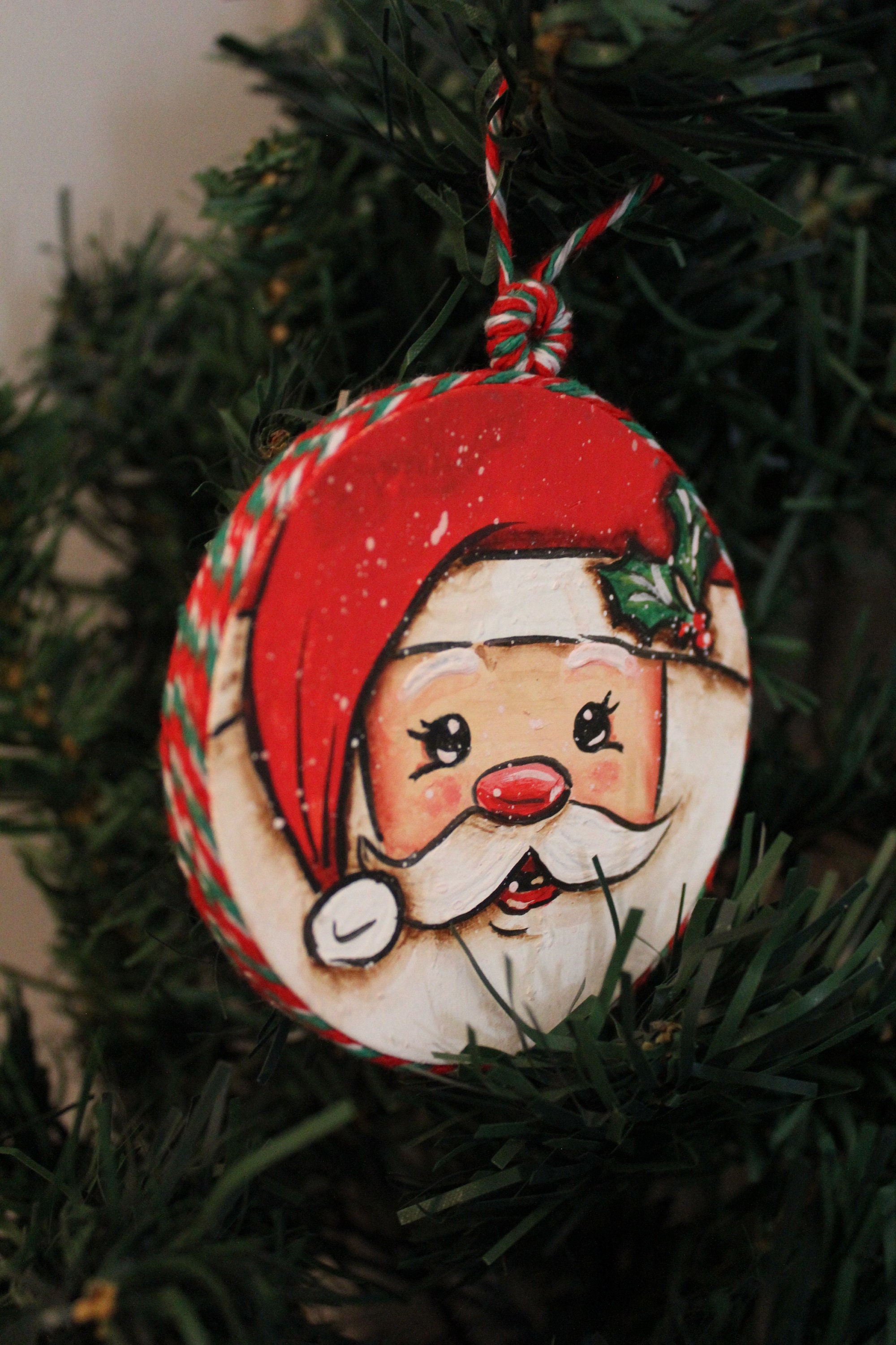 Hand painted wood disc Christmas ornament Santa and Penguin | Etsy