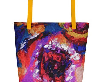 Könnte beinhalten: Eine farbenfrohe Tragetasche mit einem leuchtend gelben Griff. Die Tasche zeigt ein abstraktes Blumenmuster in Rot-, Rosa-, Lila-, Blau- und Orangetönen.