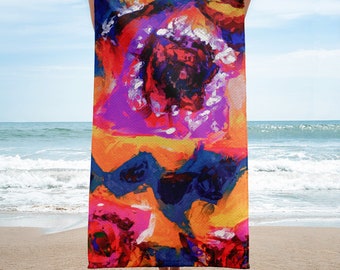 Könnte beinhalten: Ein farbenfrohes Strandtuch mit einem abstrakten Blumendesign in den Farben Pink, Lila, Blau, Gelb und Orange.