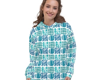 Könnte beinhalten: Ein weißer Hoodie mit einem blauen und grünen geometrischen Muster. Der Hoodie hat eine Kapuze mit Kordelzug und eine Kängurutasche.