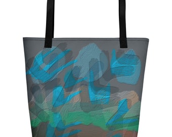 Könnte beinhalten: Eine graue Einkaufstasche mit einem farbenfrohen abstrakten Design mit blauen, grünen und braunen Farbschlägen. Die Tasche hat schwarze Henkel.