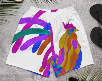 Könnte beinhalten: Weiße Herren-Shorts mit einem bunten Hahn-Design. Der Hahn besteht aus abstrakten Formen in den Farben Pink, Lila, Orange, Blau und Grün.