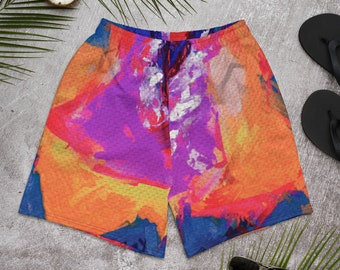 Könnte beinhalten: Sportliche Herren-Shorts mit abstraktem Druck in leuchtenden Farben wie Orange, Gelb, Pink und Blau. Die Shorts sind aus Mesh-Gewebe.