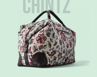 Handmade, Large Chintz / Crewel Tapestry and Leather Weekend Bag